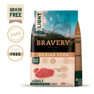 Bravery Pork Adult Light Medium/Large 12Kg – Ração Light de Porco para Cães Adultos de Raças Médias e Grandes