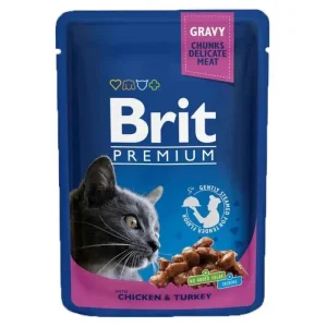 Brit Premium Frango e Peru – comida em pedaços para gatos adultos
