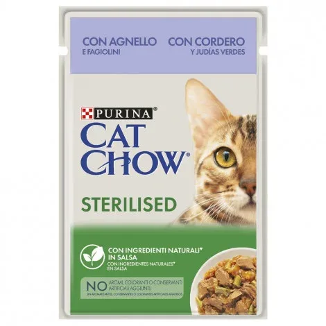 Cat Chow Sterilised Gato adulto Borrego e feijão verde em molho – Quantidade: 85 g