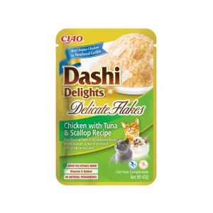 Churu Dashi Delights Delicate Flakes Frango com Atum e Vieira – Alimento húmido complementar para gatos 40 g