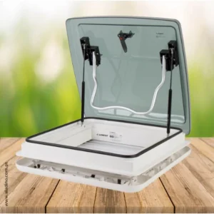 Claraboia Aerodynamic Carbest branca com mosquiteira, estore e cúpula fumada de 40×40 cm