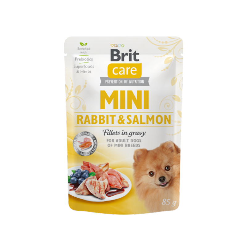 Comida húmida para cães Brit Care Mini Rabbit & Salmon Fillets in Gravy Saqueta – 12 x 85 g