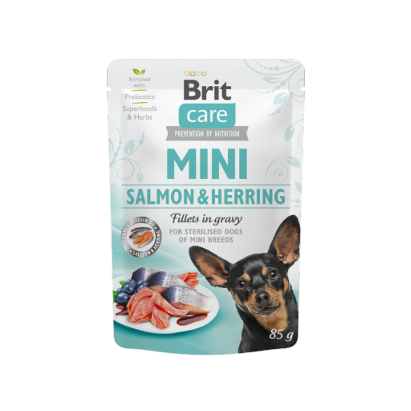 Comida húmida para cães Brit Care Mini Sterilized Salmon & Herring Fillets in Gravy Saqueta – 12 x 85 g