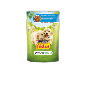 Comida húmida para cães Friskies Junior com Frango e Cenouras em Molho – Saqueta – 4 x 100 g