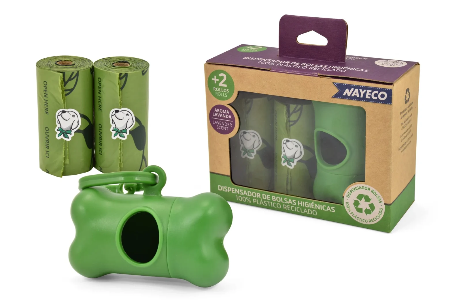 Dispensador de Sacos Reciclados Nayeco com 2 Rolos de 15 sacos com Aroma Lavanda