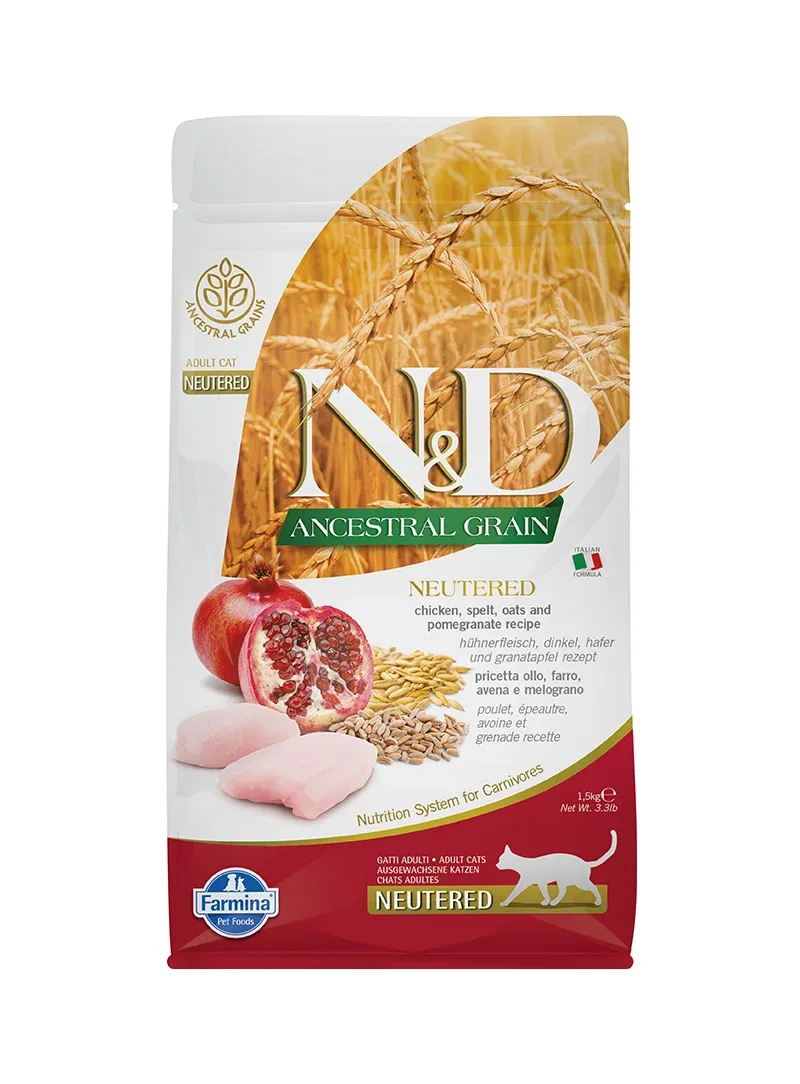 Farmina N&D Ancestral Grain Frango e Romã Neutered – Alimento seco para gatos adultos castrados 1,5 kg
