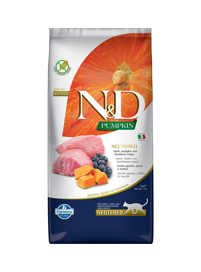 Farmina N&D Pumpkin Borrego, Abóbora e Mirtilo Neutered – Alimento seco para gatos esterilizados