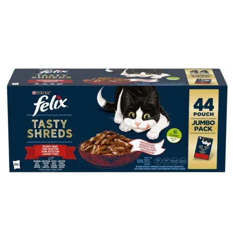 Felix Tasty Shreds Jumbo Pack – Vaca, frango, pato e peru – Quantidade: PACK 44 x 80 g