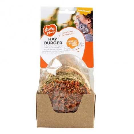 Hambúrguer de feno com cobertura de cenoura para roedores – Duvo Plus – Quantidade: 75 g