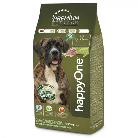 happyOne Premium Light & Senior – Ração seca para cão para controlo do peso – Aves – Quantidade: 15 kg