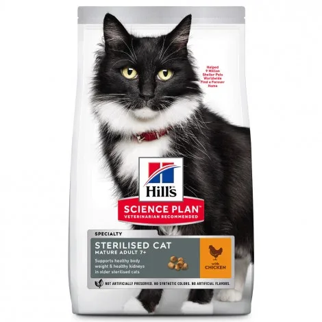 Hill’s Sterilised Mature 7+ – Ração seca para gato esterilizado com mais de 7 anos – Frango – Quantidade: 1,5 kg