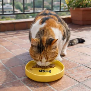 Leeby Comedouro de Cerâmica Amarelo com Orelhinhas para gatos