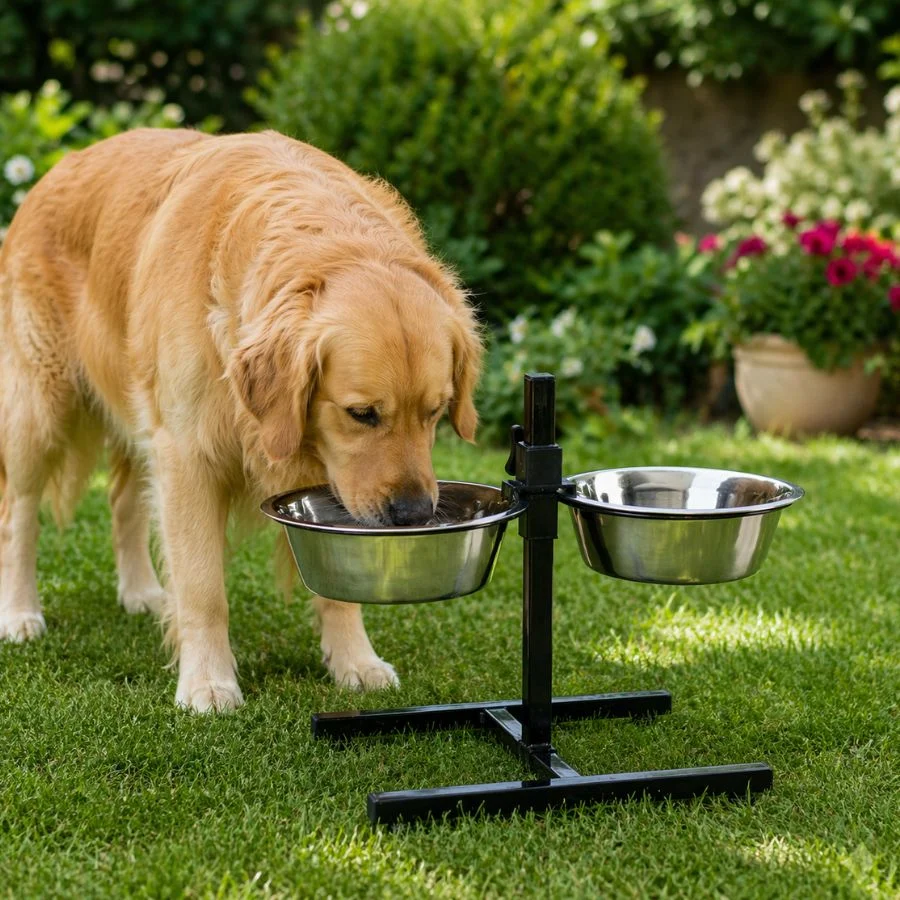 Leeby Comedouro Duplo Ajustável em Aço Inoxidável para cães