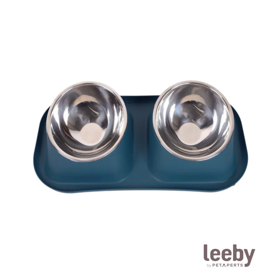 Leeby Comedouro Duplo de Metal Azul para cães - Image 2