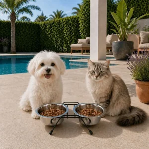 Leeby Comedouro Duplo em Aço Inoxidável com Suporte para cães e gatos
