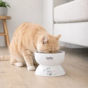 Leeby Comedouro Elevado de Cerâmica Branco para Gatos
