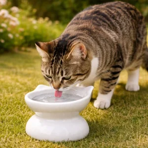 Leeby Comedouro Elevado Inclinado de Cerâmica Branco para gatos