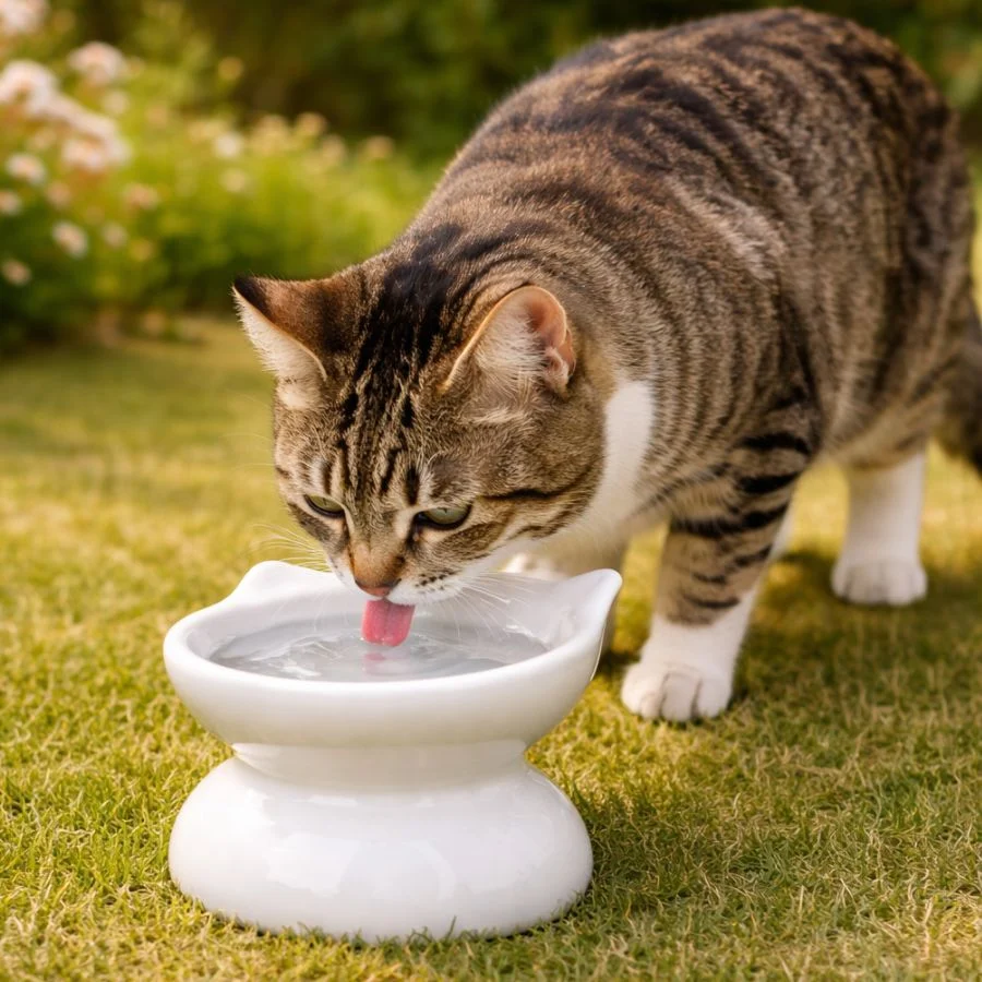 Leeby Comedouro Elevado Inclinado de Cerâmica Branco para gatos