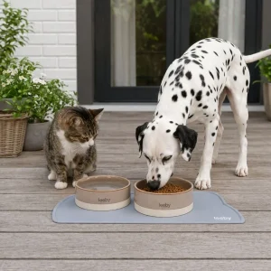 Leeby Tapete Antiderrapante para Comedouro em Forma de Gato Cinzento para cães e gatos