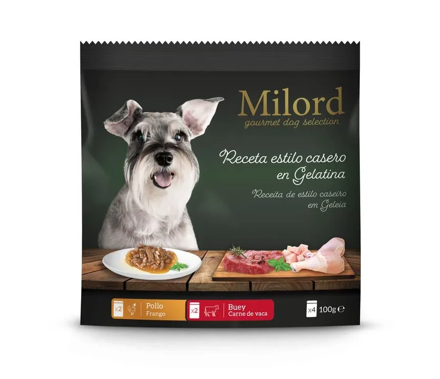 Milord Adult Receita Estilo Caseira em Gelatina com Frango e Boi saquetas para cães - Multipack