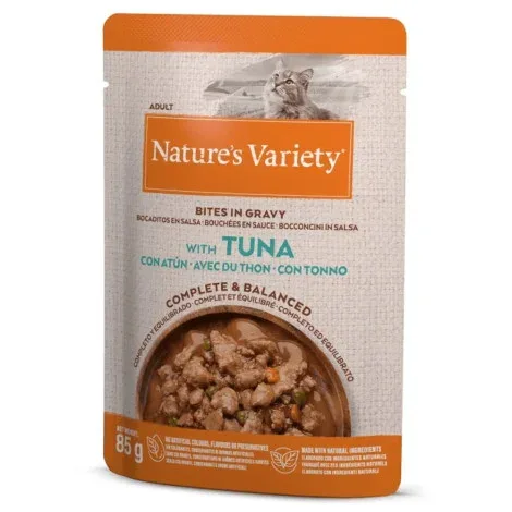 Nature’s Variety Bites in Gravy – Alimento húmido para gato adulto – Atum – Quantidade: 85 g