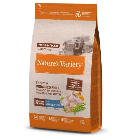 Nature’s Variety Healthy Grains Medium/Maxi – Ração seca para cão adulto médio ou grande – Peixe branco – Quantidade: 3 kg