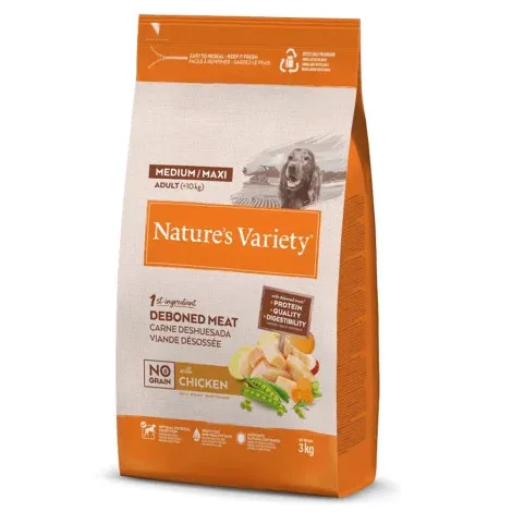 Nature’s Variety No grain Medium/Maxi – Ração seca sem cereais para cão adulto médio ou grande – Frango – Quantidade: 3 kg