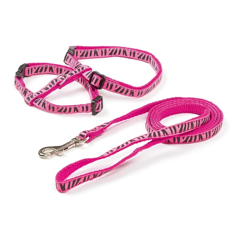Peitoral e Trela para Gato em Nylon com Padrão Zebra Rosa