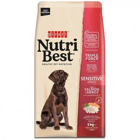 Picart Nutribest Sensitive – Ração seca para cão adulto com sensibilidades – Salmão e arroz – Quantidade: 3 kg