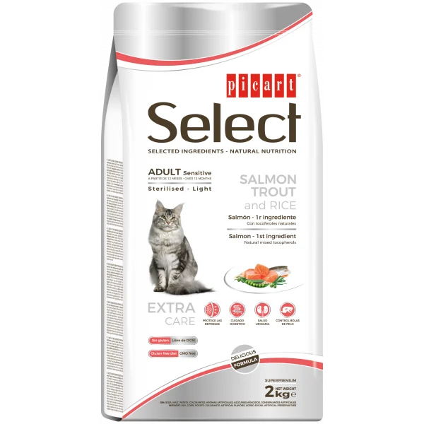 Picart Select Sensitive Sterilised/Light Gato adulto – Salmão, truta e arroz