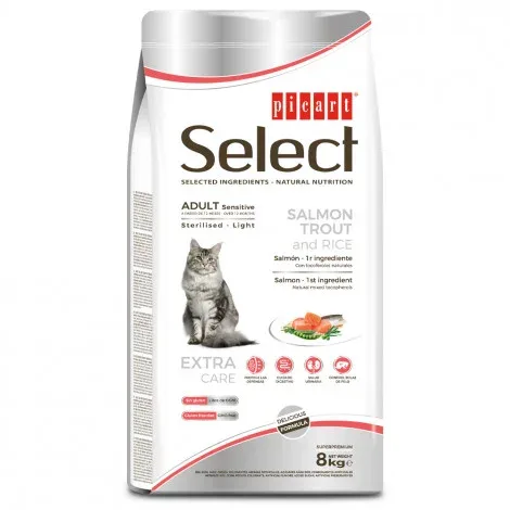 Picart Select Sensitive Sterilised/Light – Ração seca para gato adulto com sensibilidades – Salmão, truta e arroz – Quantidade: 8 kg