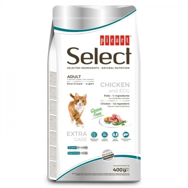 Picart Select Sterilised/Light Grain Free – Ração Seca Sem Cereais para Gato Adulto – Frango e Ovo