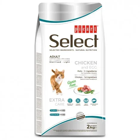 Picart Select Sterilised/Light Grain free – Ração seca sem cereais para gato adulto – Frango e ovo – Quantidade: 2 kg