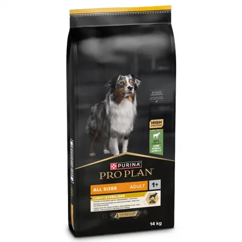Pro Plan Light/Sterilised – Ração seca para cão adulto para controlo do peso – Borrego – Quantidade: 14 kg