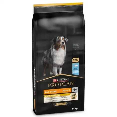 Pro Plan Light/Sterilised – Ração seca para cão adulto para controlo do peso – Peixe branco – Quantidade: 14 kg