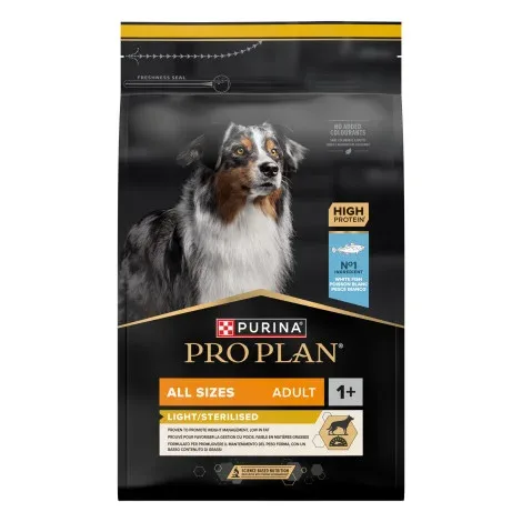 Pro Plan Light/Sterilised – Ração seca para cão adulto para controlo do peso – Peixe branco – Quantidade: 3 kg