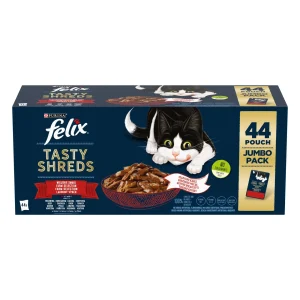 PURINA FELIX TASTY SHREDS Felix Seleção de Carnes Jumbo Pack (Vaca, Frango, Pato e Peru) 44x80g