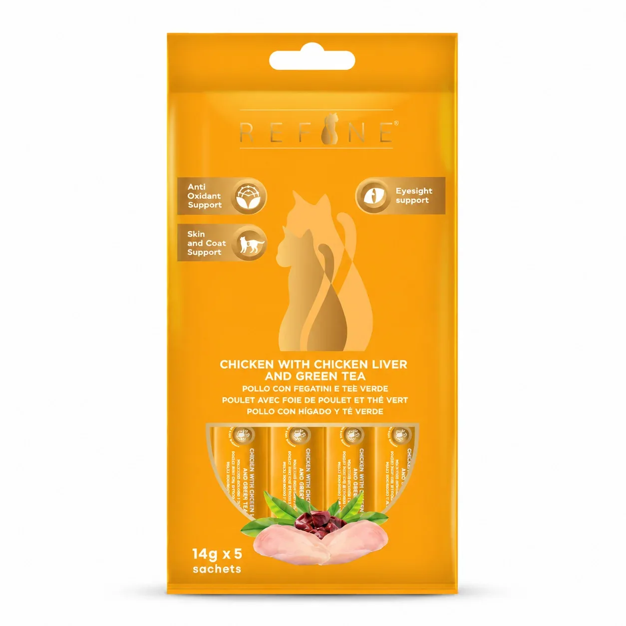 Refine Creamy Snack Frango com Fígado de Frango e Chá Verde – Snack cremoso para gatos 5 x 14 g