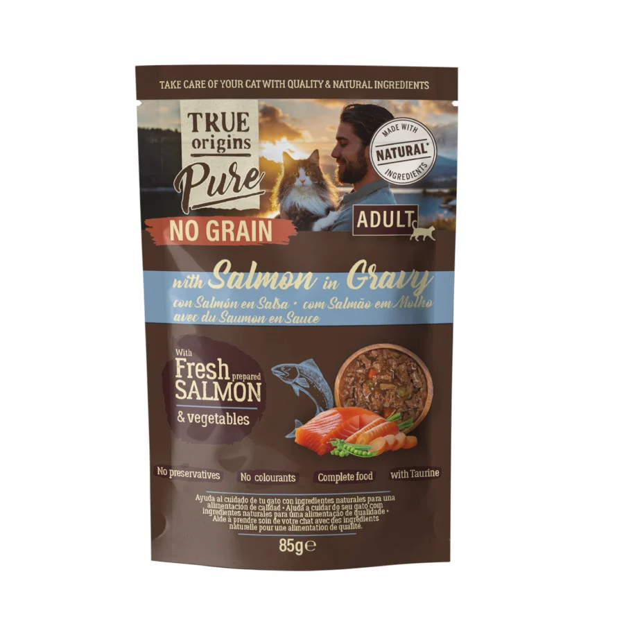 True Origins Pure No Grain Comida húmida de salmão am saqueta para gatos