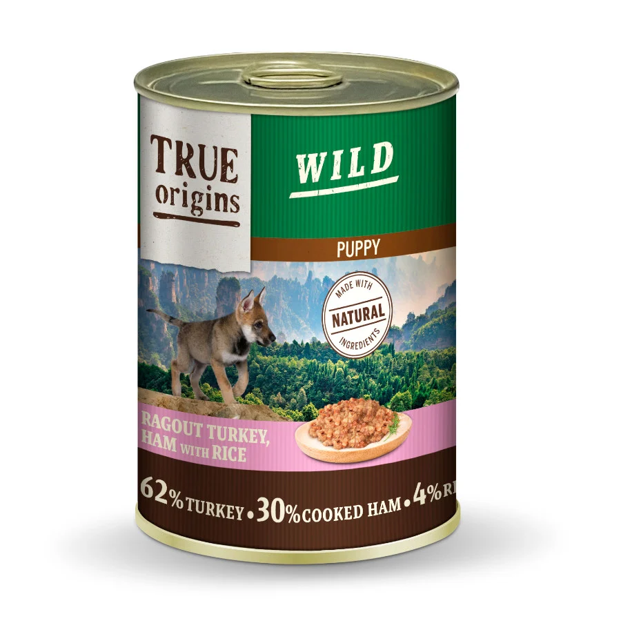 True Origins Wild Puppy Peru e fiambre cozinhados com arroz em lata para cães